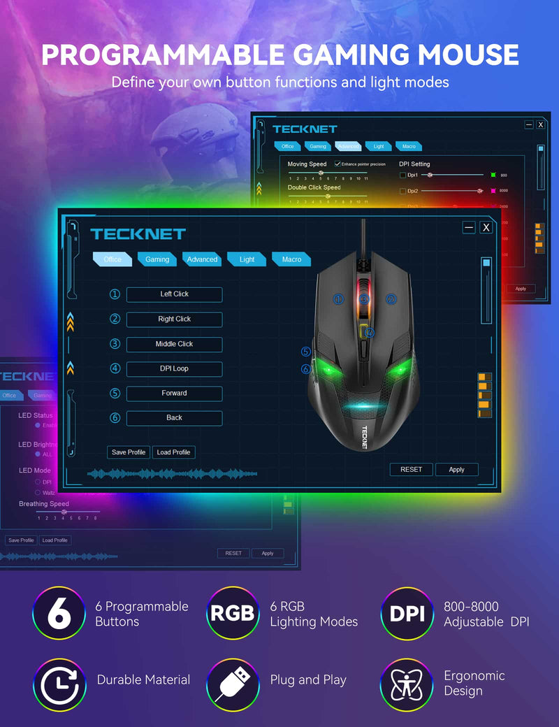 TECKNET RGB Wired Gaming Mouse with 6 Programmable Buttons, 8000 DPI Optical Sensor, Chroma RGB Backlit