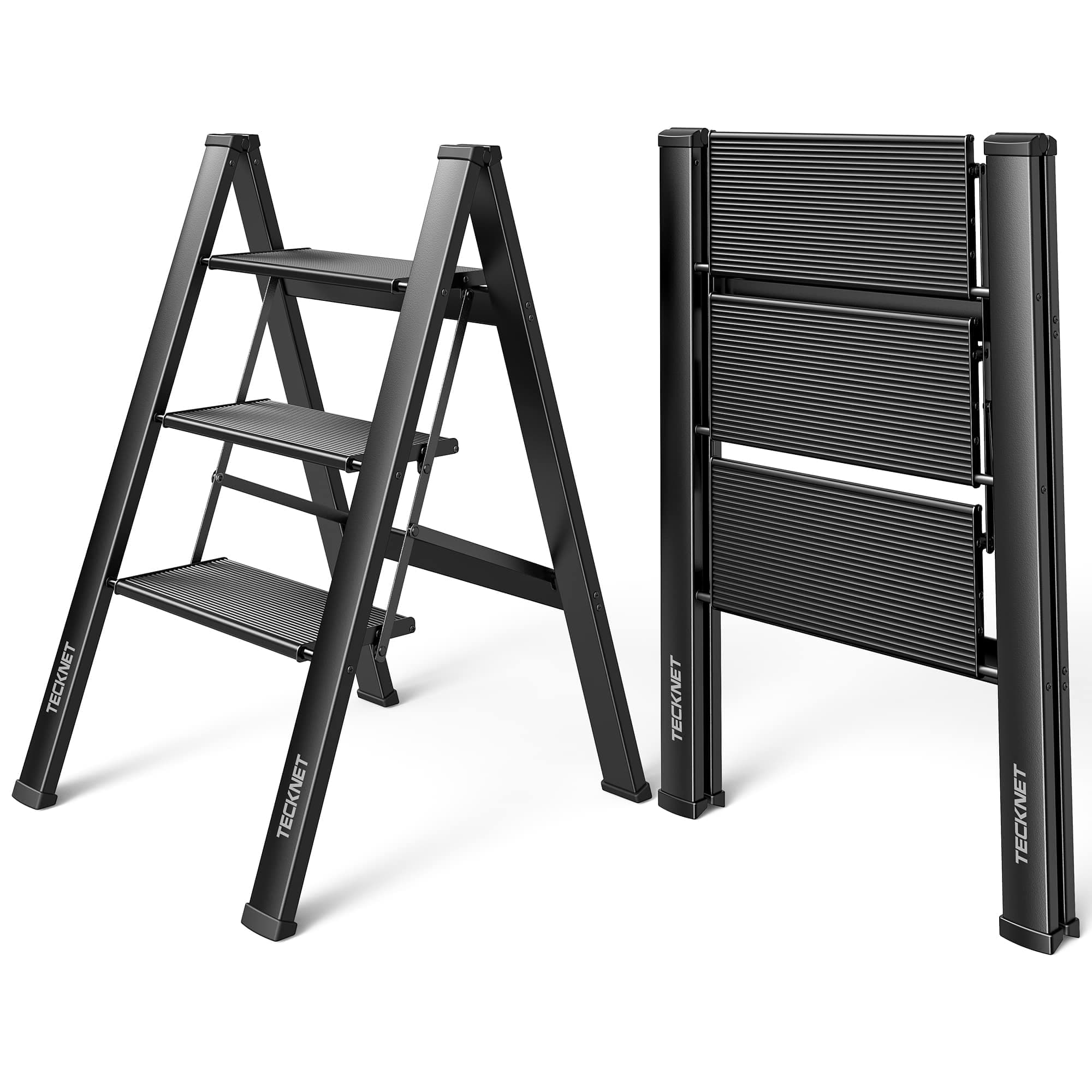 TECKNET Aluminium 3-Step Folding Ladder with Anti-Slip Wide Tread