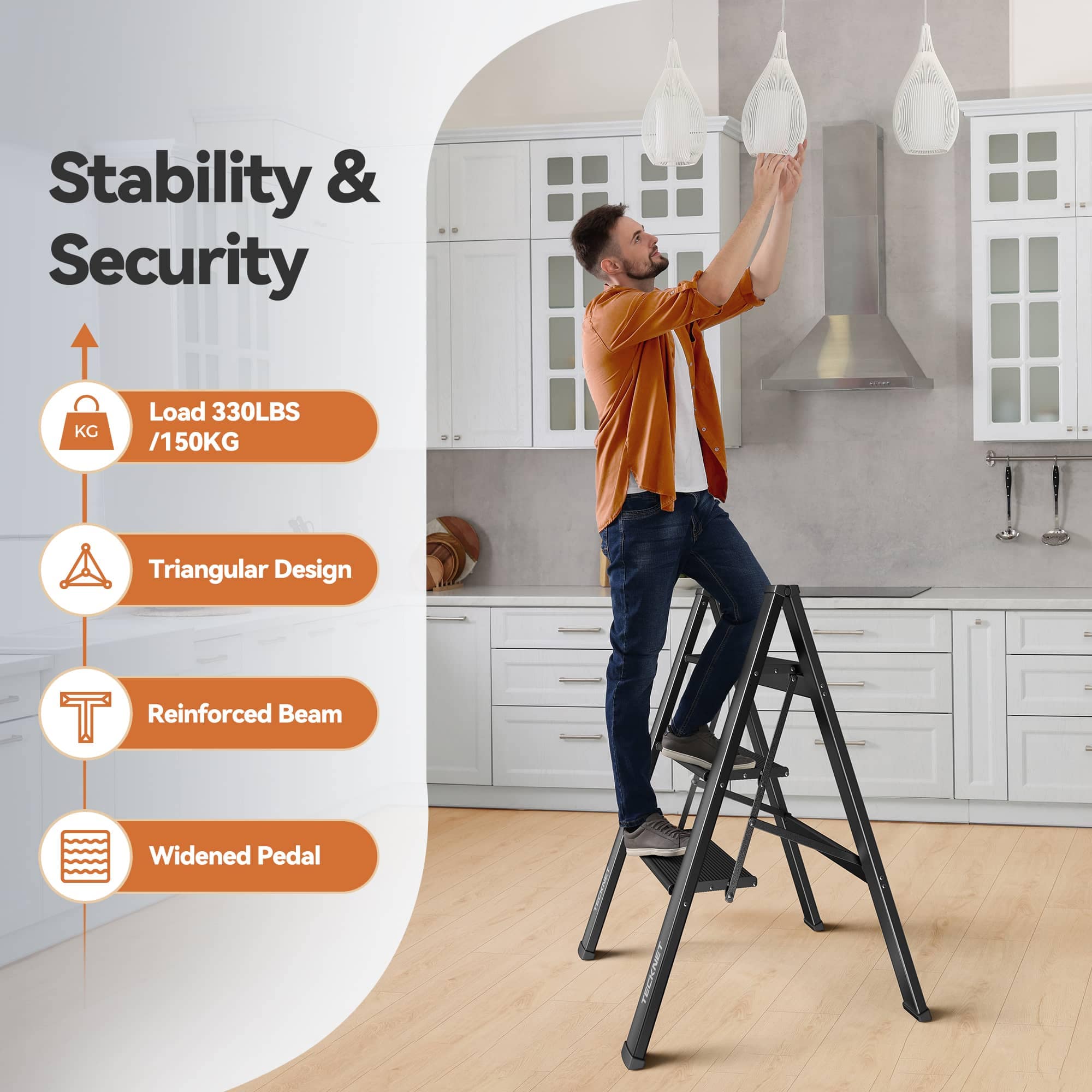 TECKNET Aluminium 3-Step Folding Ladder with Anti-Slip Wide Tread