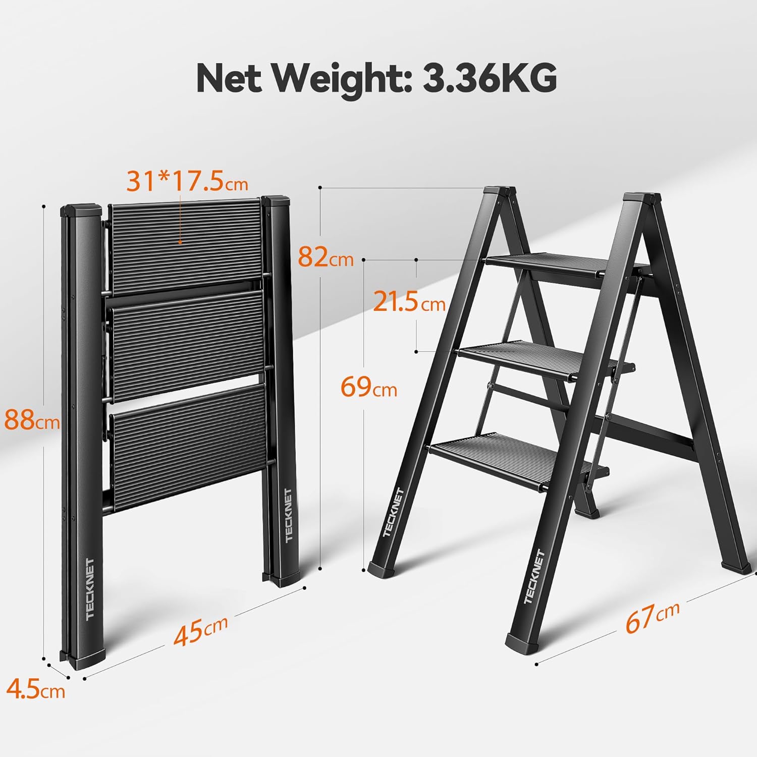 TECKNET Aluminium 3-Step Folding Ladder with Anti-Slip Wide Tread