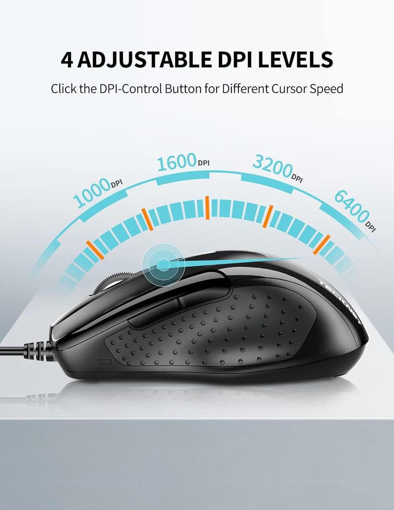 TECKNET USB Wired Mouse, 6400 DPI Mice 4 Adjustable DPI with 6-Button Corded Mouse