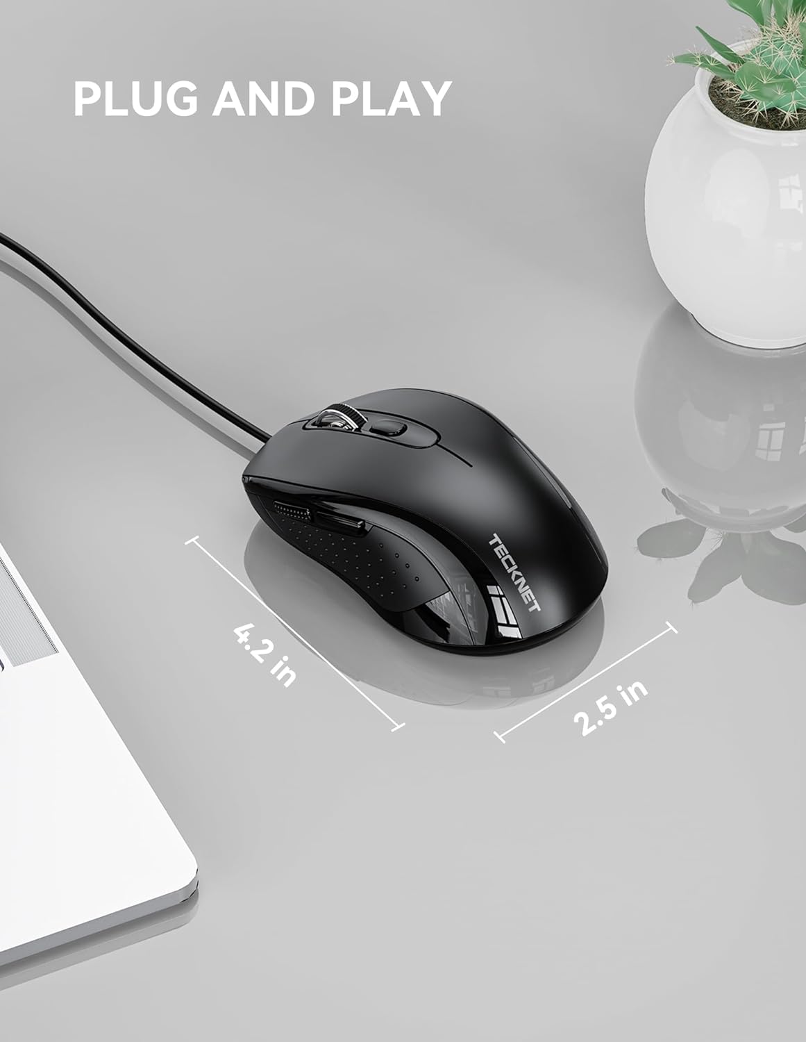 TECKNET Wired Mouse, Mice Wired Optical USB Computer Mouse With 3600 DPI Tracking