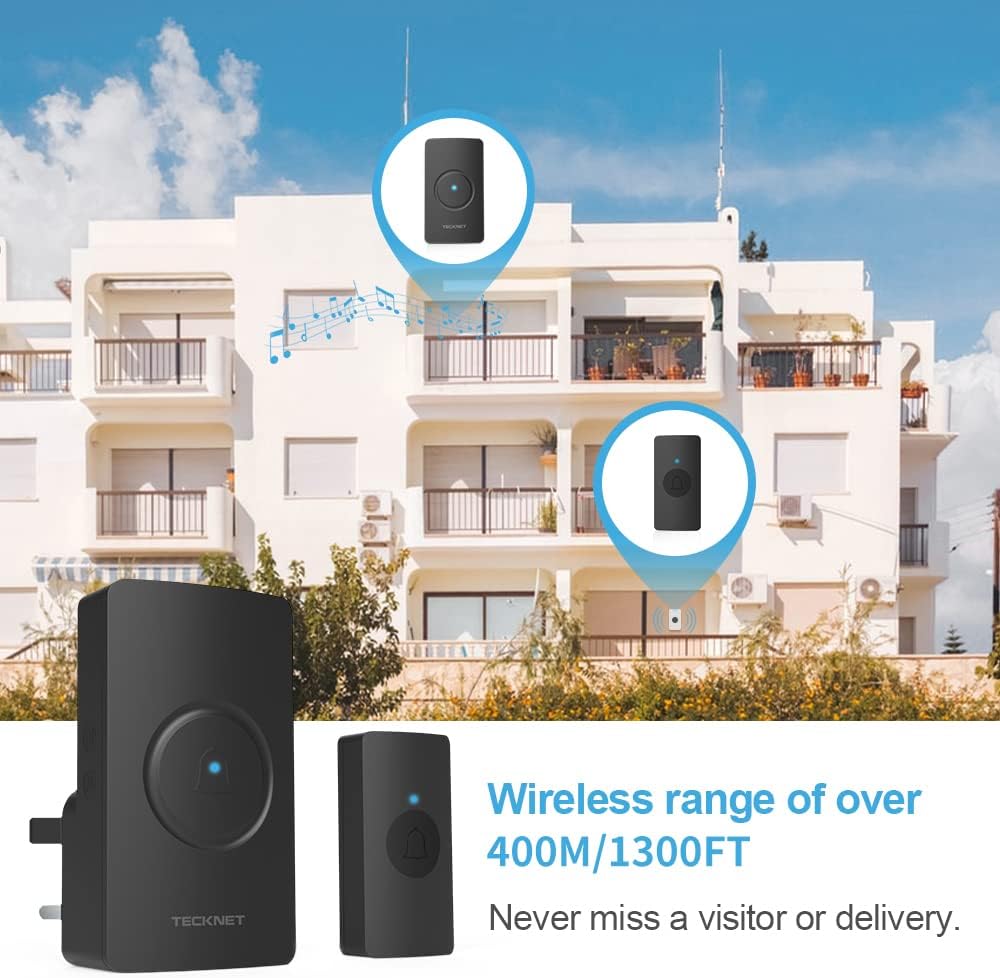 TECKNET Waterproof Wall Plug-in Wireless Doorbell Door Chime, UK Plug