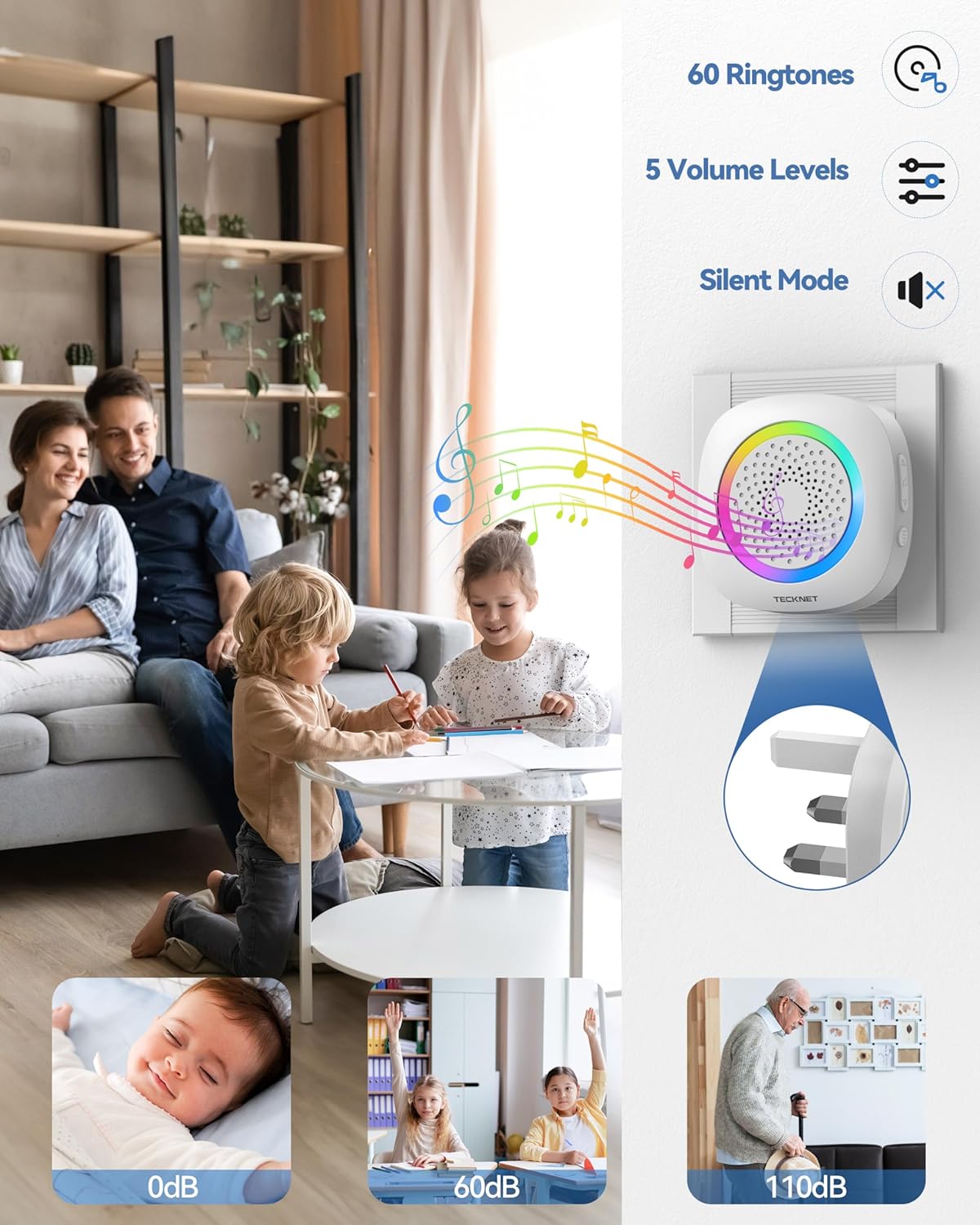 TECKNET Wireless Doorbell, Plug in Doorbell with RGB Light