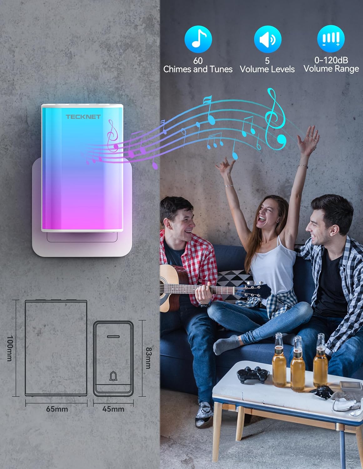 TECKNET Wireless Doorbell with 6 Bright Colors & 4 Lighting Modes