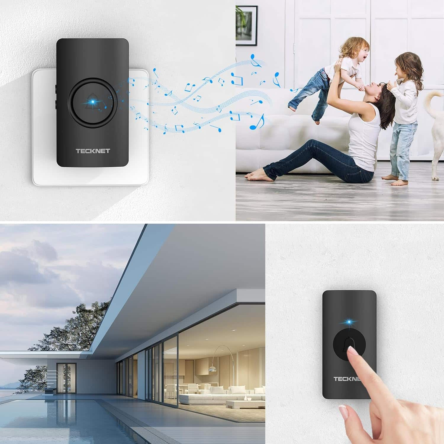 TECKNET Waterproof Wall Plug-in Wireless Doorbell Door Chime, UK Plug