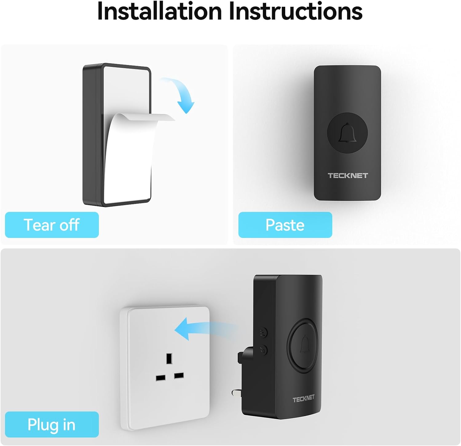 TECKNET Waterproof Wall Plug-in Wireless Doorbell Door Chime, UK Plug