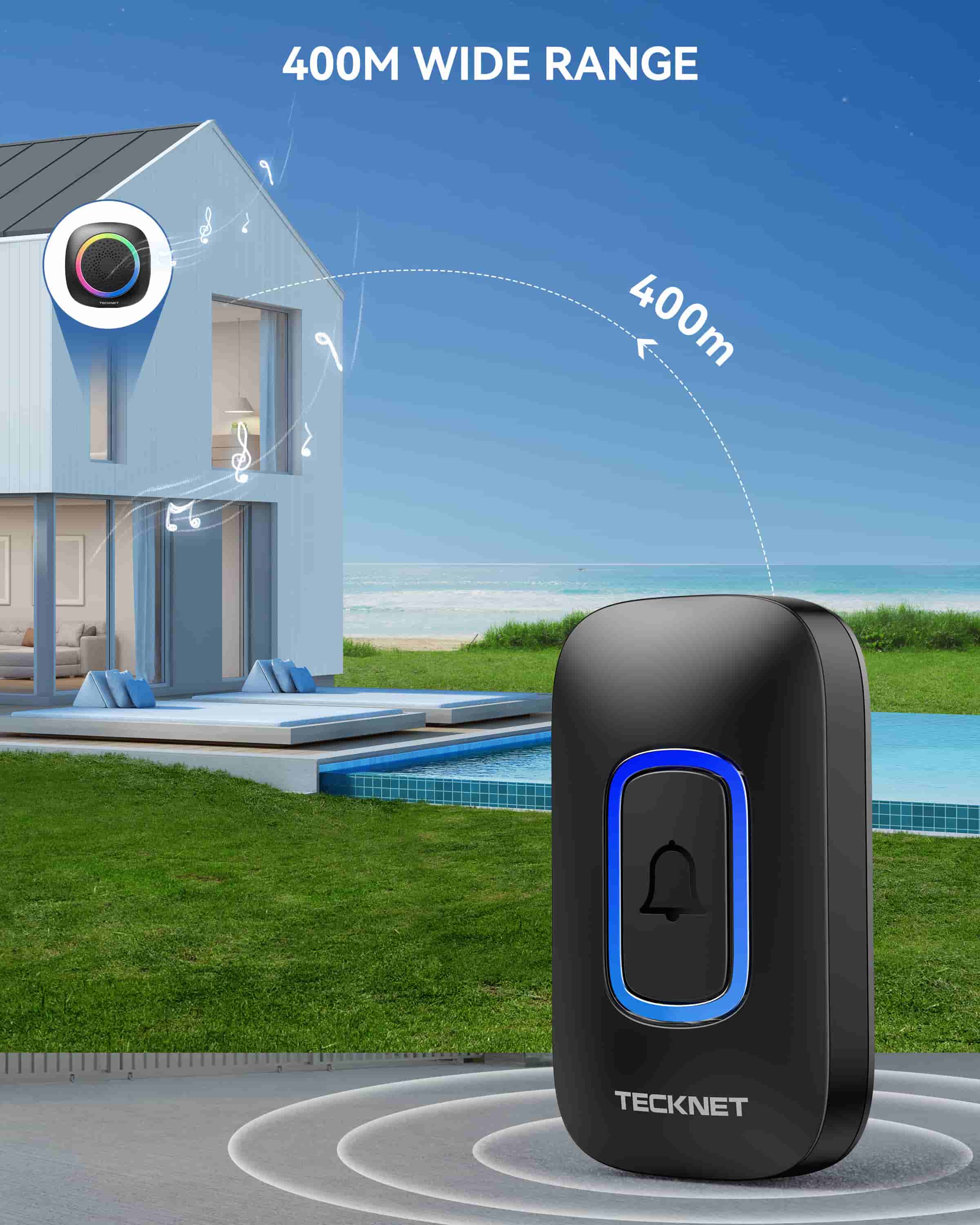 TECKNET Wireless Doorbell with RGB Light, Battery Powered IP66 Waterproof, 400M Wireless Range, 60 Chimes