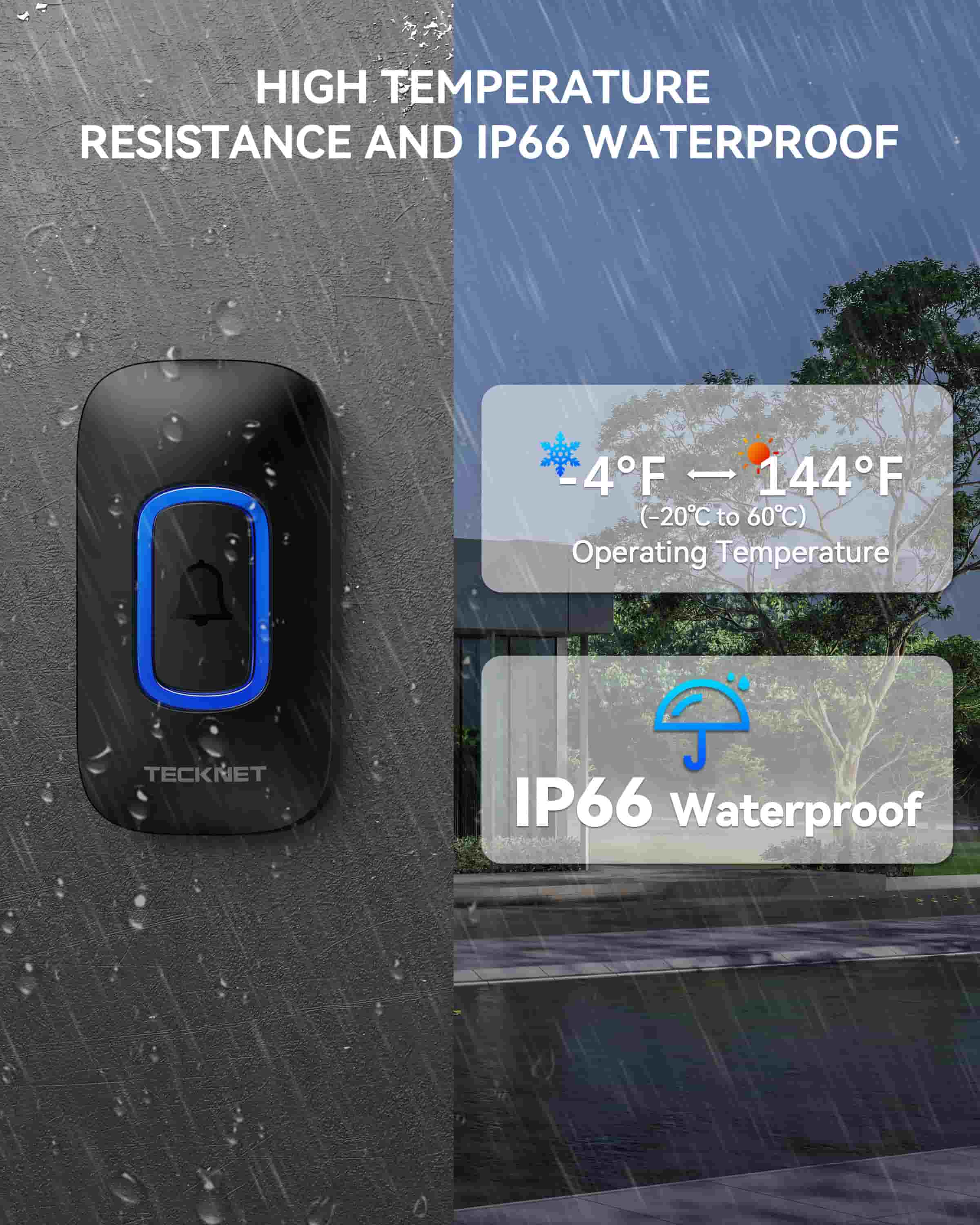 TECKNET Wireless Doorbell with RGB Light, Battery Powered IP66 Waterproof, 400M Wireless Range, 60 Chimes