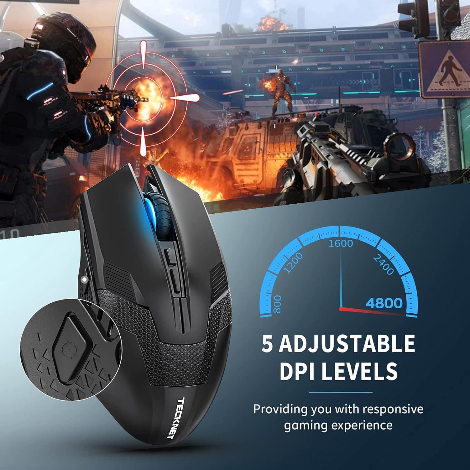 TECKNET Wireless Gaming Mouse 2.4G Optical USB Computer Mice 4800DPI