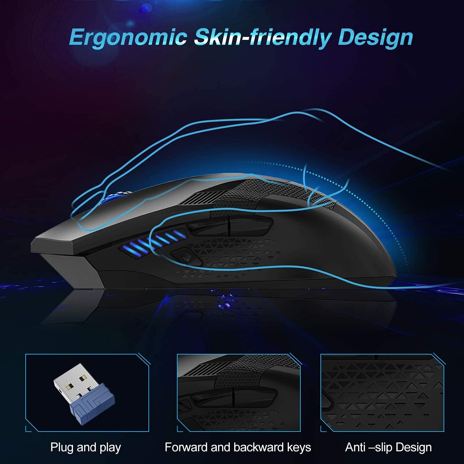 TECKNET Wireless Gaming Mouse 2.4G Optical USB Computer Mice 4800DPI