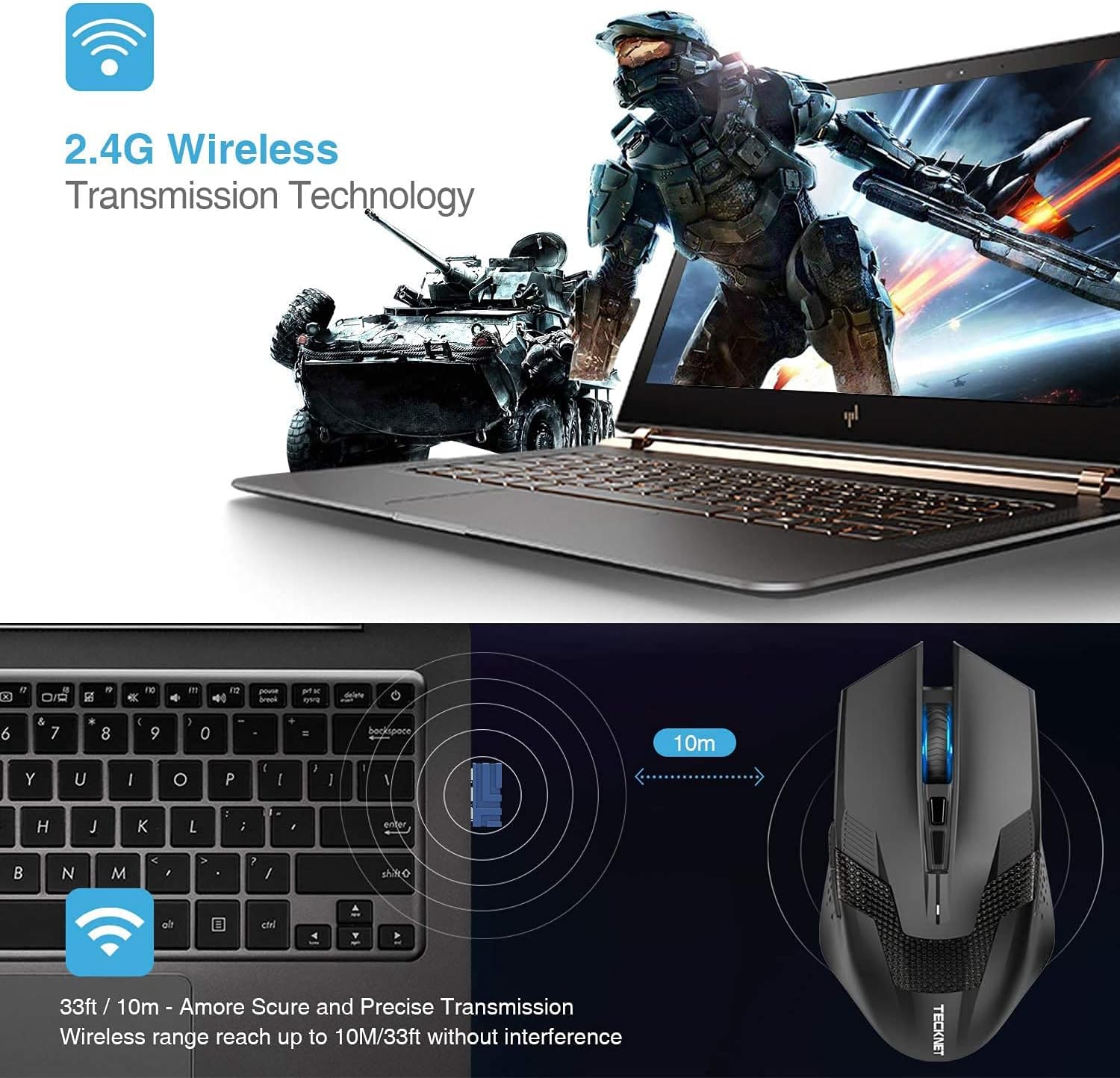 TECKNET Wireless Gaming Mouse 2.4G Optical USB Computer Mice 4800DPI