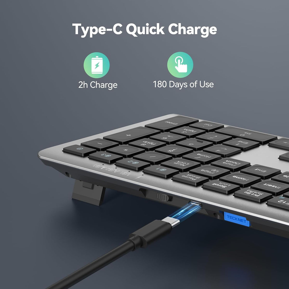 TECKNET Wireless Keyboard, Rechargeable 2.4GHz USB Bluetooth Keyboard