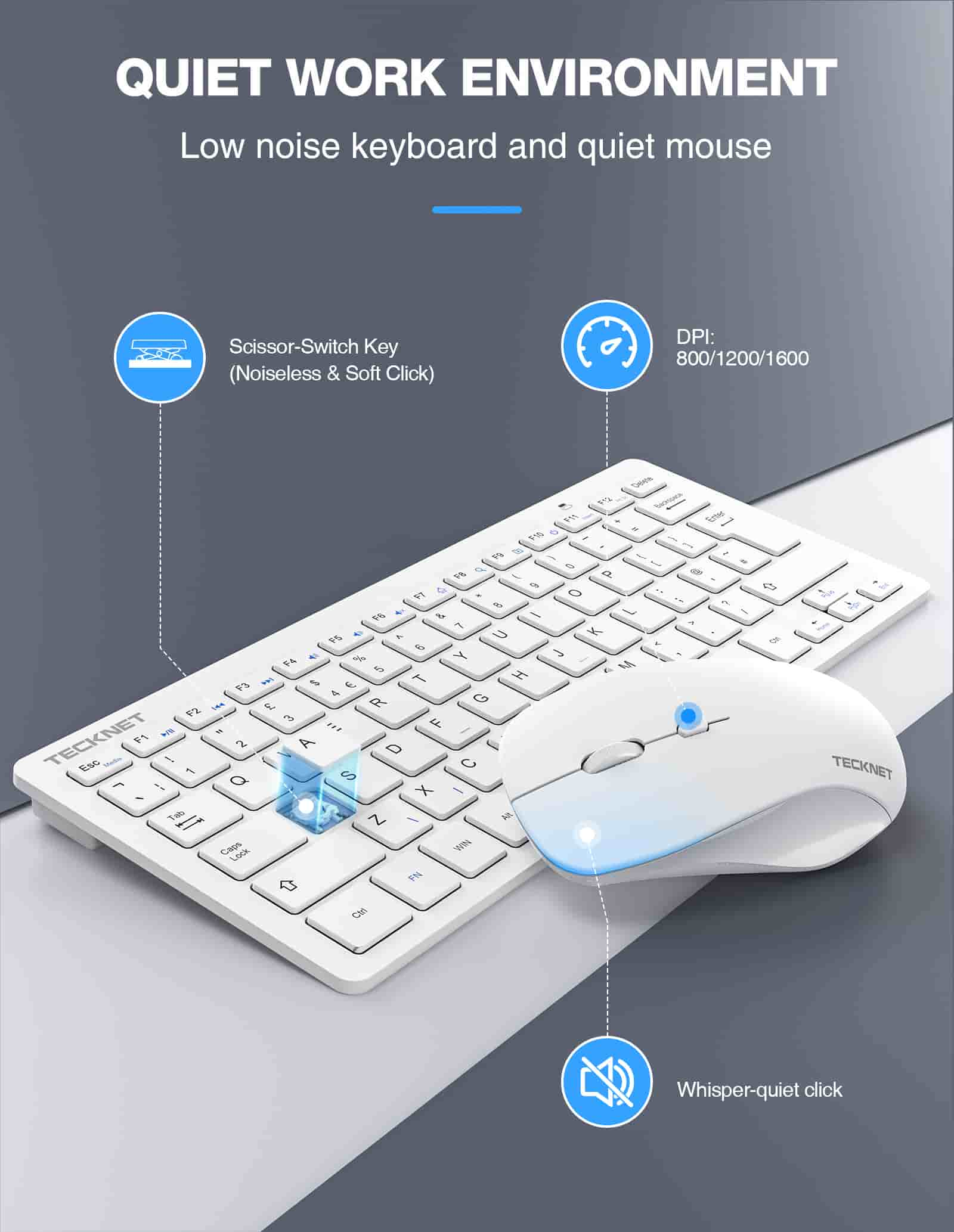 TECKNET 2.4 GHz Wireless Mini Keyboard Mouse Set, Silent