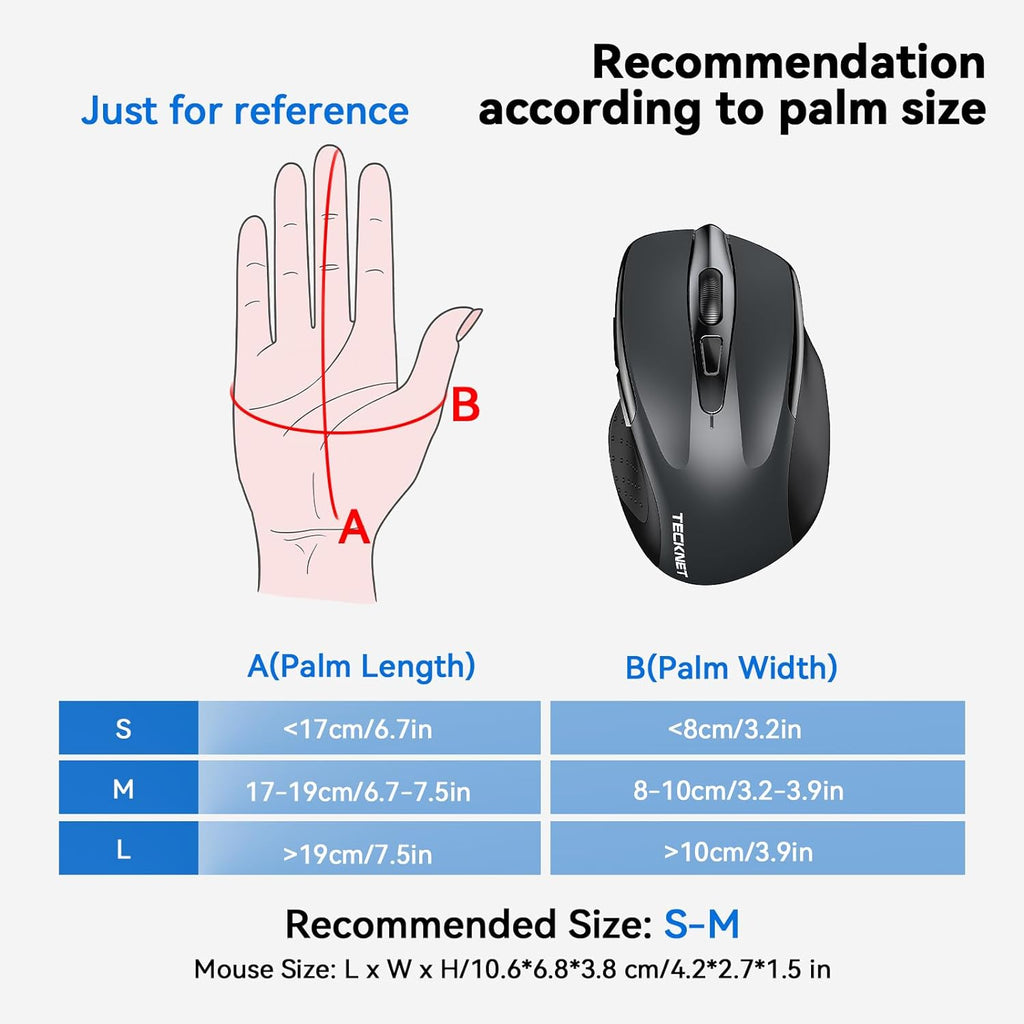 Tecknet Mouse Size TECKNET Bluetooth Mouse, 4800DPI Adjustable Wireless Mice