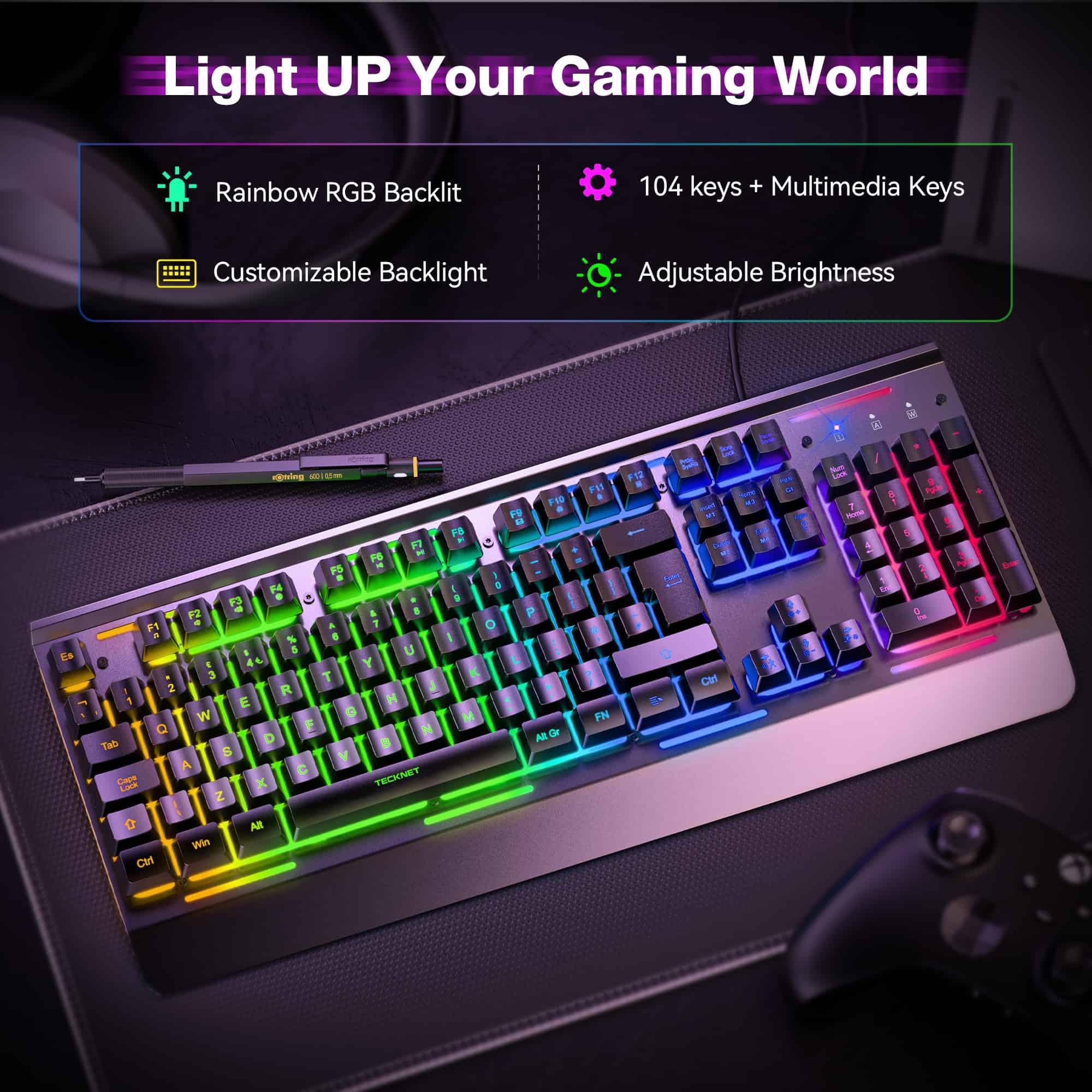 TECKNET RGB Gaming Keyboard, 105 Keys All-Metal Panel, 15 LED RGB Color Modes