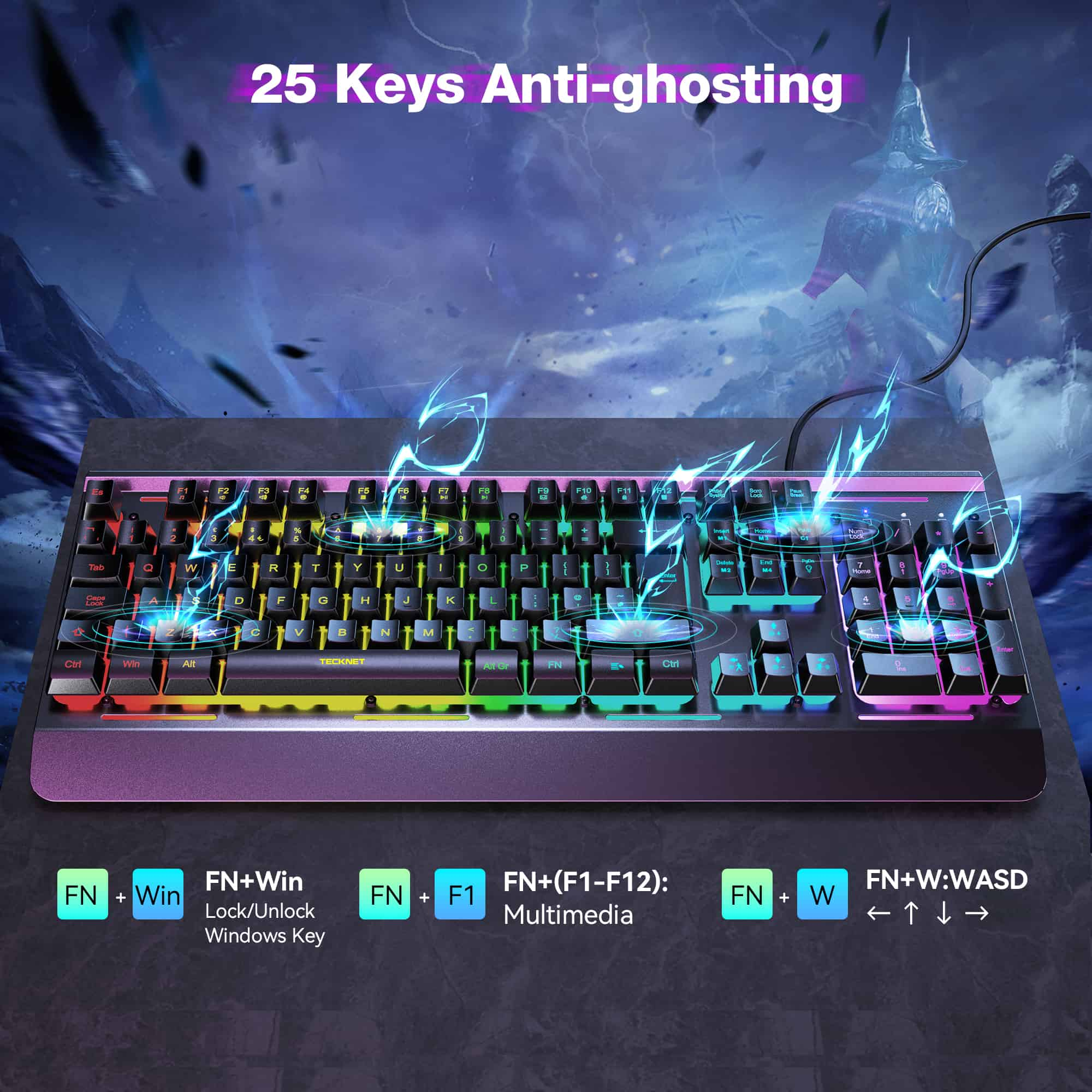 TECKNET RGB Gaming Keyboard, 105 Keys All-Metal Panel, 15 LED RGB Color Modes