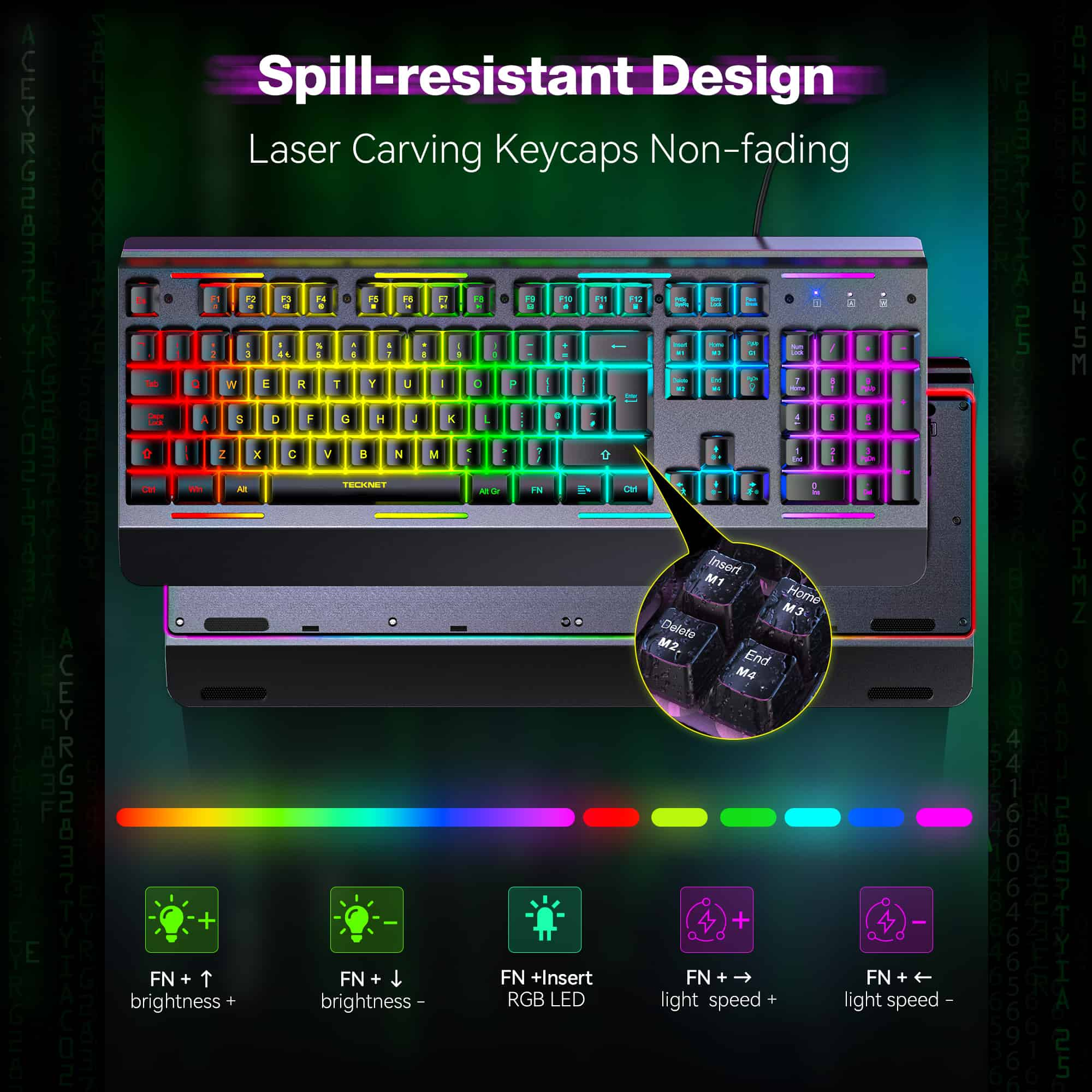 TECKNET RGB Gaming Keyboard, 105 Keys All-Metal Panel, 15 LED RGB Color Modes