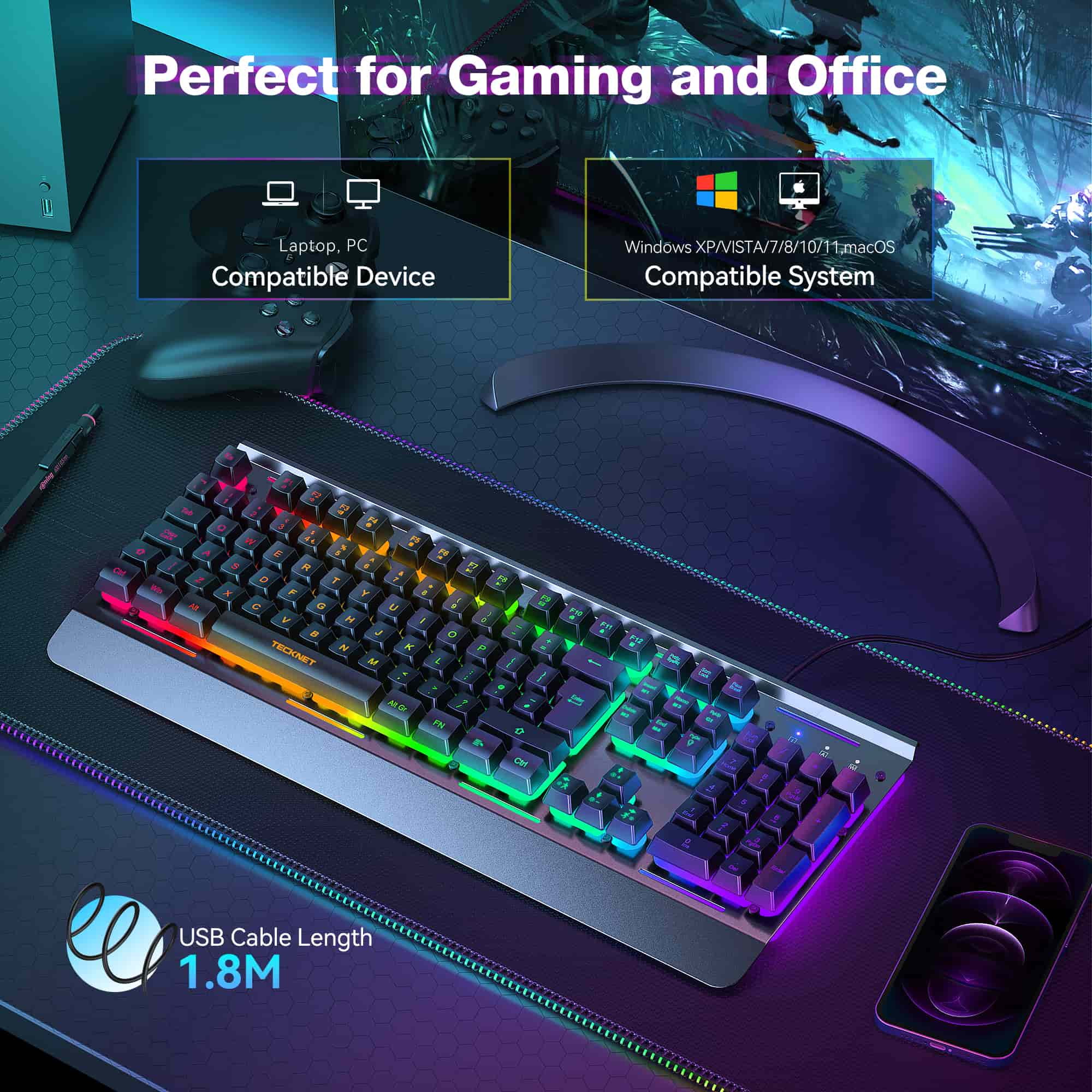 TECKNET RGB Gaming Keyboard, 105 Keys All-Metal Panel, 15 LED RGB Color Modes