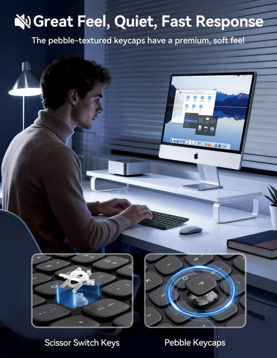 Person using a computer with text about keyboard features and close-up images of key components.