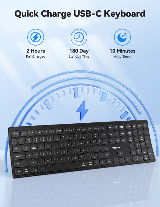 TECKNET quick charge USB-C wireless keyboard featuring 2 hours full charge, 180 days standby time, and 10 minutes auto sleep mode