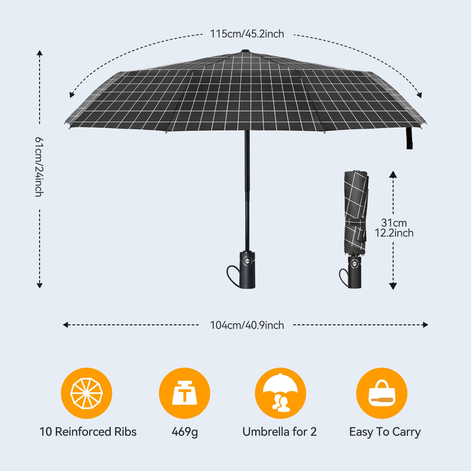 TechRise Large Windproof Umbrella, Wind Resistant Compact Automatic Folding Umbrellas 10 Ribs