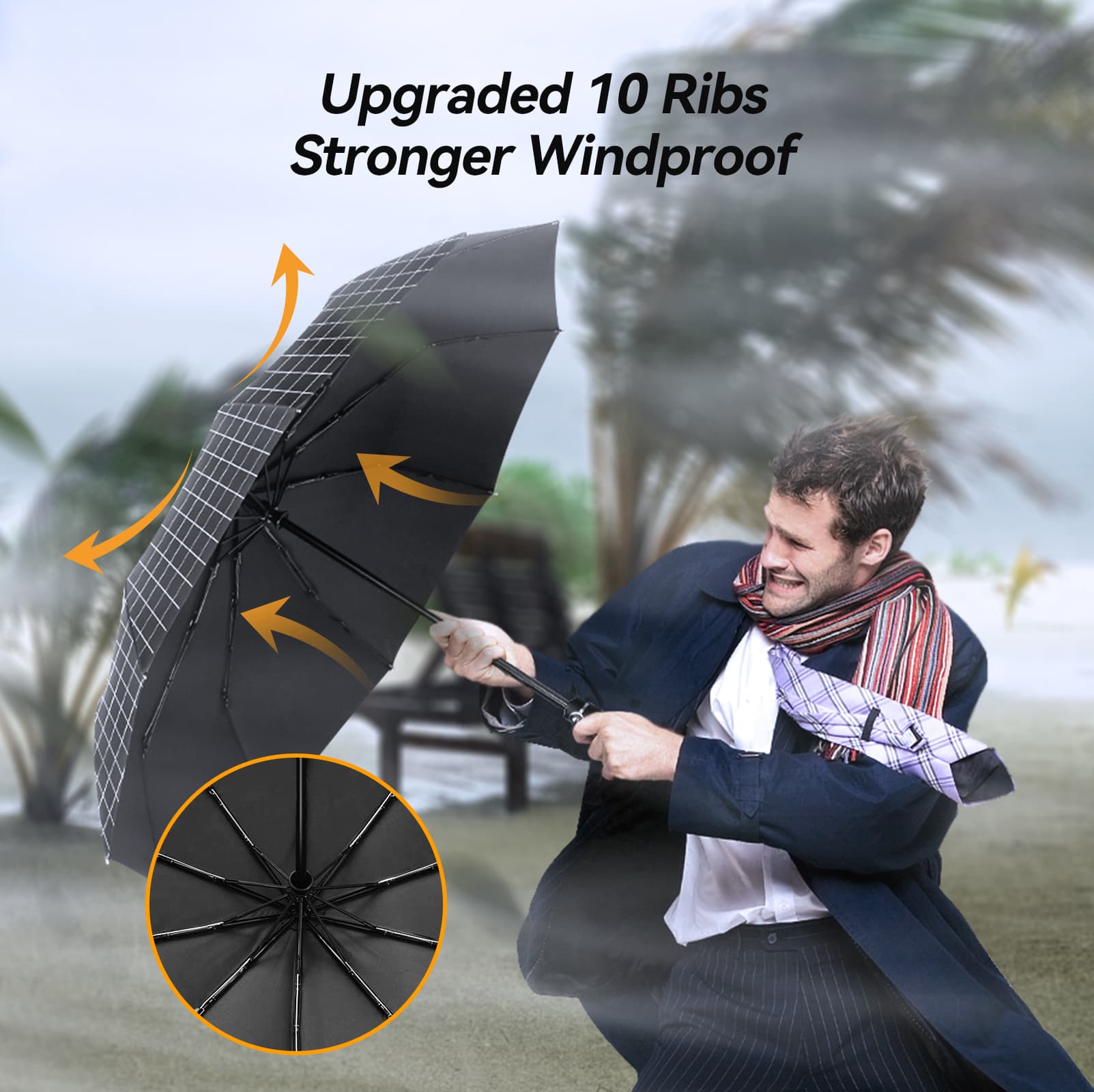 TechRise Large Windproof Umbrella, Wind Resistant Compact Automatic Folding Umbrellas 10 Ribs