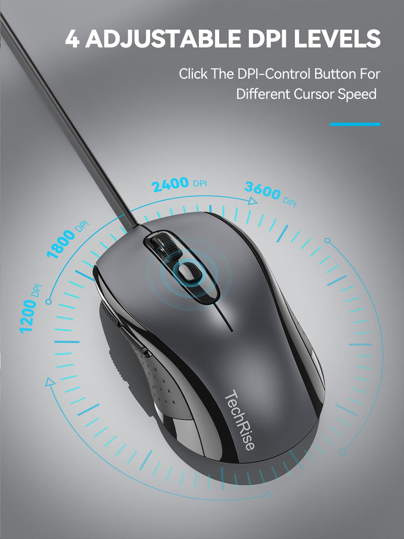 TechRise Mice Wired Optical USB 2.0 Computer Mouse With 3600DPI 4 Adjustable Levels