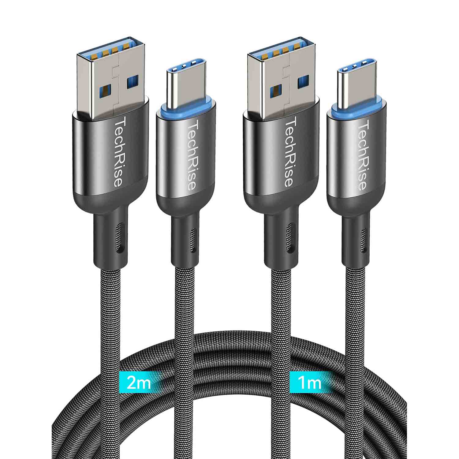 TechRise USB C Charger Braided Cable 3.3A Fast Charging - 2Pack 2M+1M