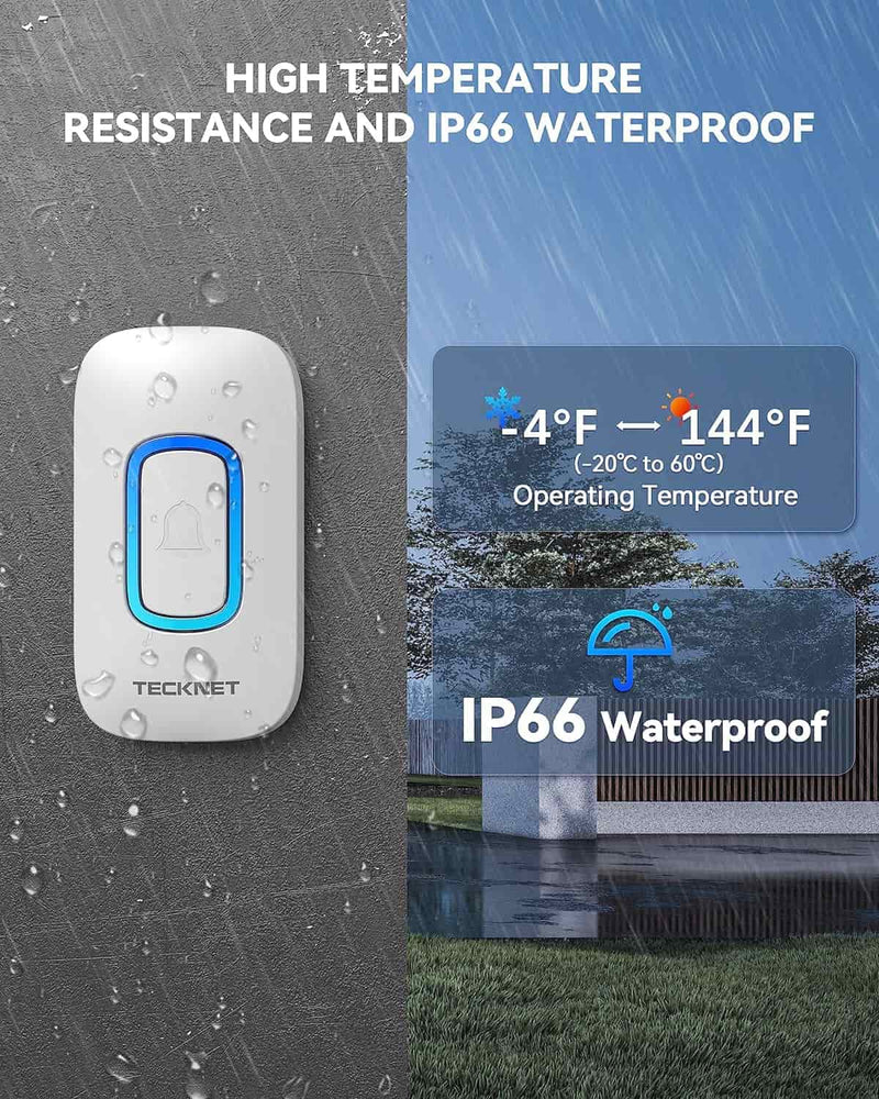 TECKNET Wireless Doorbell, Battery Powered IP66 Waterproof Door Chime Kit, 1300ft Wireless Range