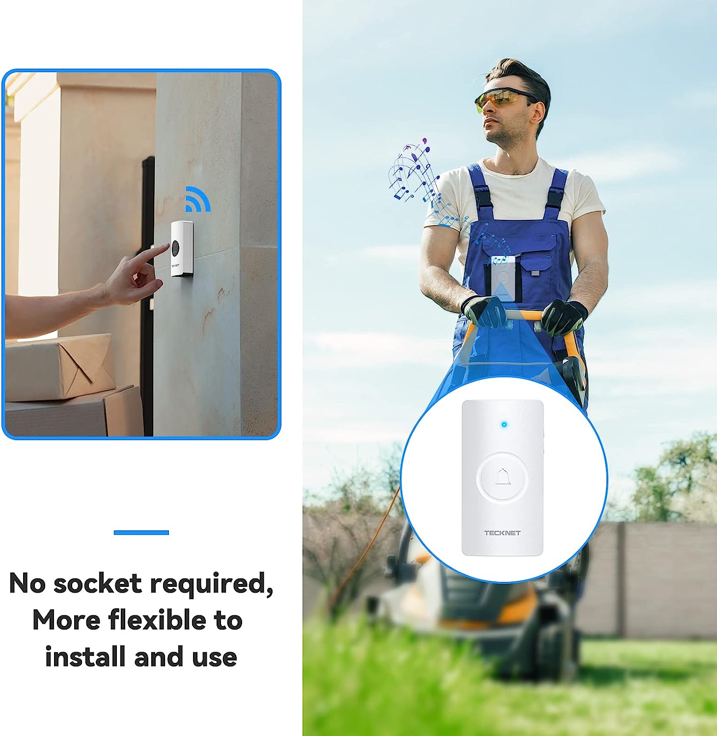 TECKNET Wireless Doorbell, Waterproof Doorbell Battery-operated Cordless Door Chime Kit with 400M Wireless Range