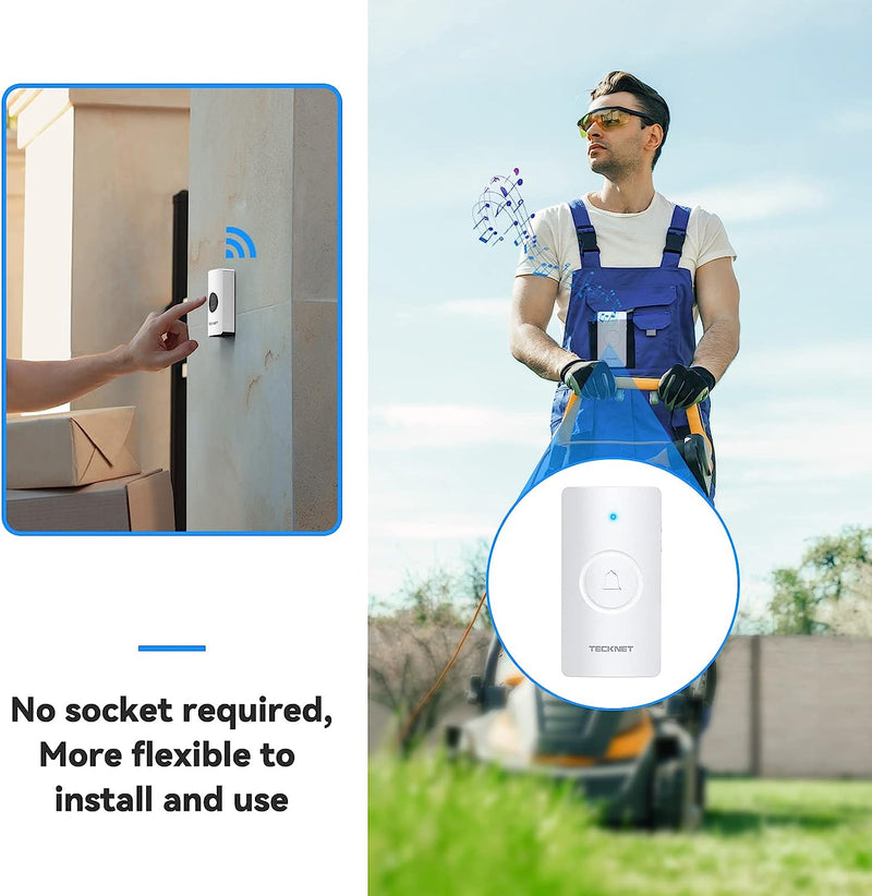 TECKNET Wireless Doorbell, Waterproof Doorbell Battery-operated Cordless Door Chime Kit with up to 400M Wireless Range