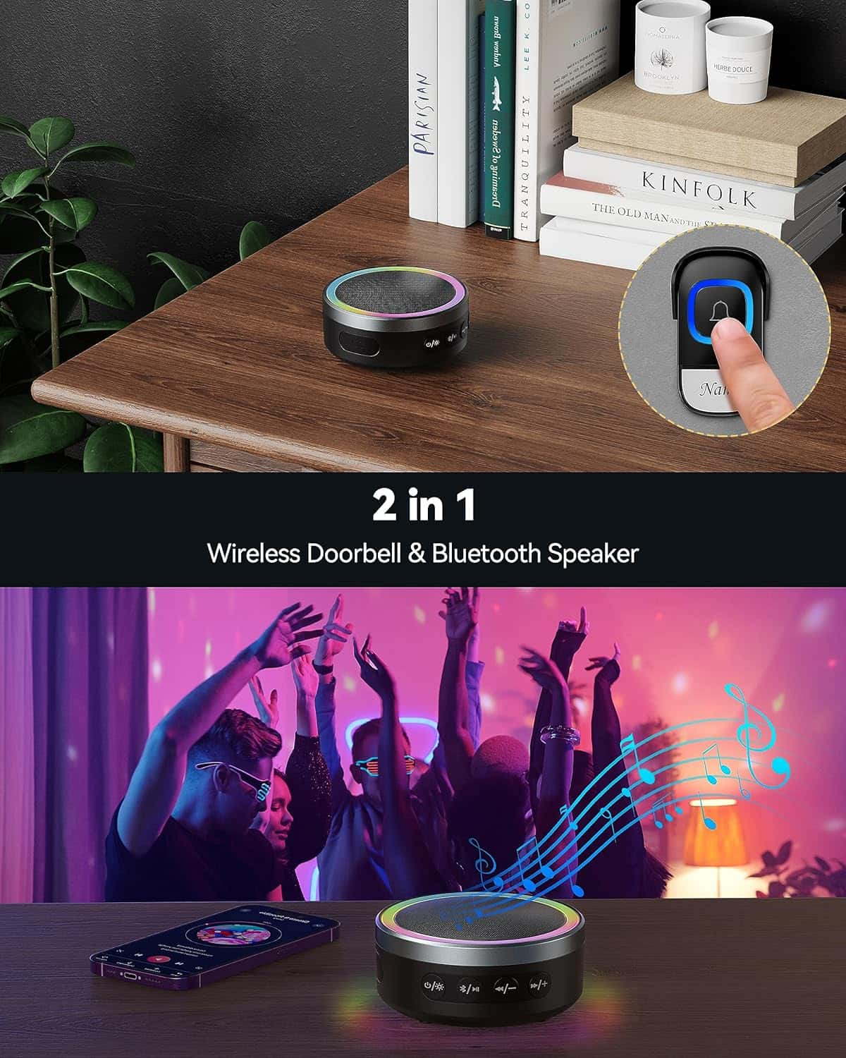 TECKNET Wireless Doorbell with Bluetooth Speaker, IP66 Waterproof Doorbell Kits with 60 Chimes