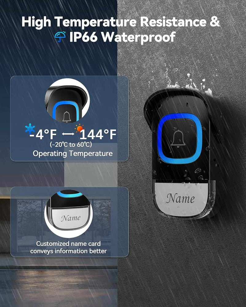 TECKNET Wireless Doorbell with Bluetooth Speaker, IP66 Waterproof Doorbell Kits with 60 Chimes and 1300 ft Wireless Range