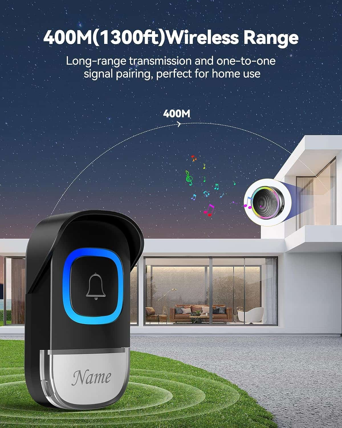 TECKNET Wireless Doorbell with Bluetooth Speaker, IP66 Waterproof Doorbell Kits with 60 Chimes