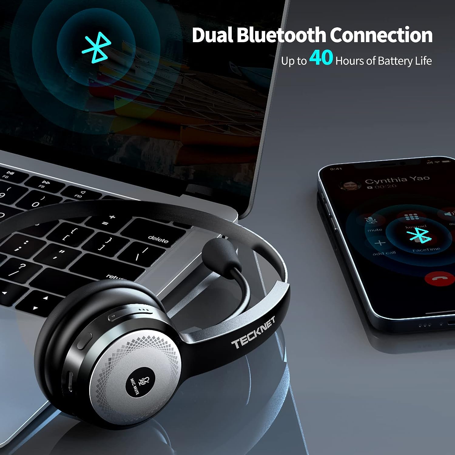 TECKNET Noise Cancelling Bluetooth Headphones with Microphone, Bluetooth 5.0 Call Center Headset