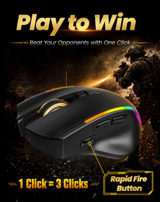 A black gaming mouse with a rainbow RGB light strip and a rapid fire button, shown against a dark tactical background with a soldier and the text 'Play to Win', '1 Click = 3 Clicks', and 'Rapid Fire Button'.