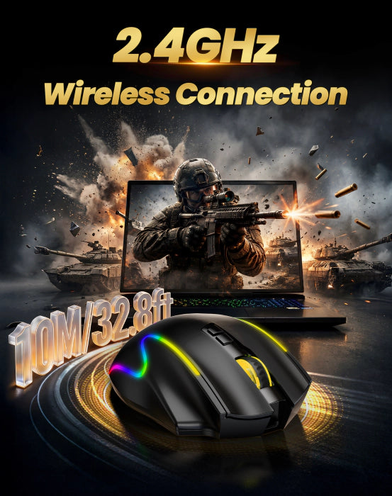 A black gaming mouse with RGB rainbow lighting and a yellow scroll wheel is shown in the foreground, with a laptop screen behind it displaying a soldier and tanks. Large text reads '2.