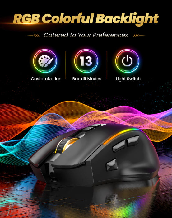 A black gaming mouse with a colorful RGB backlight, shown on a reflective dark surface with glowing multicolor light waves. The top of the image features text reading 'RGB Colorful Backlight' and three circular icons labeled 'Customization', 'Backlit Modes', and 'Light Switch'.