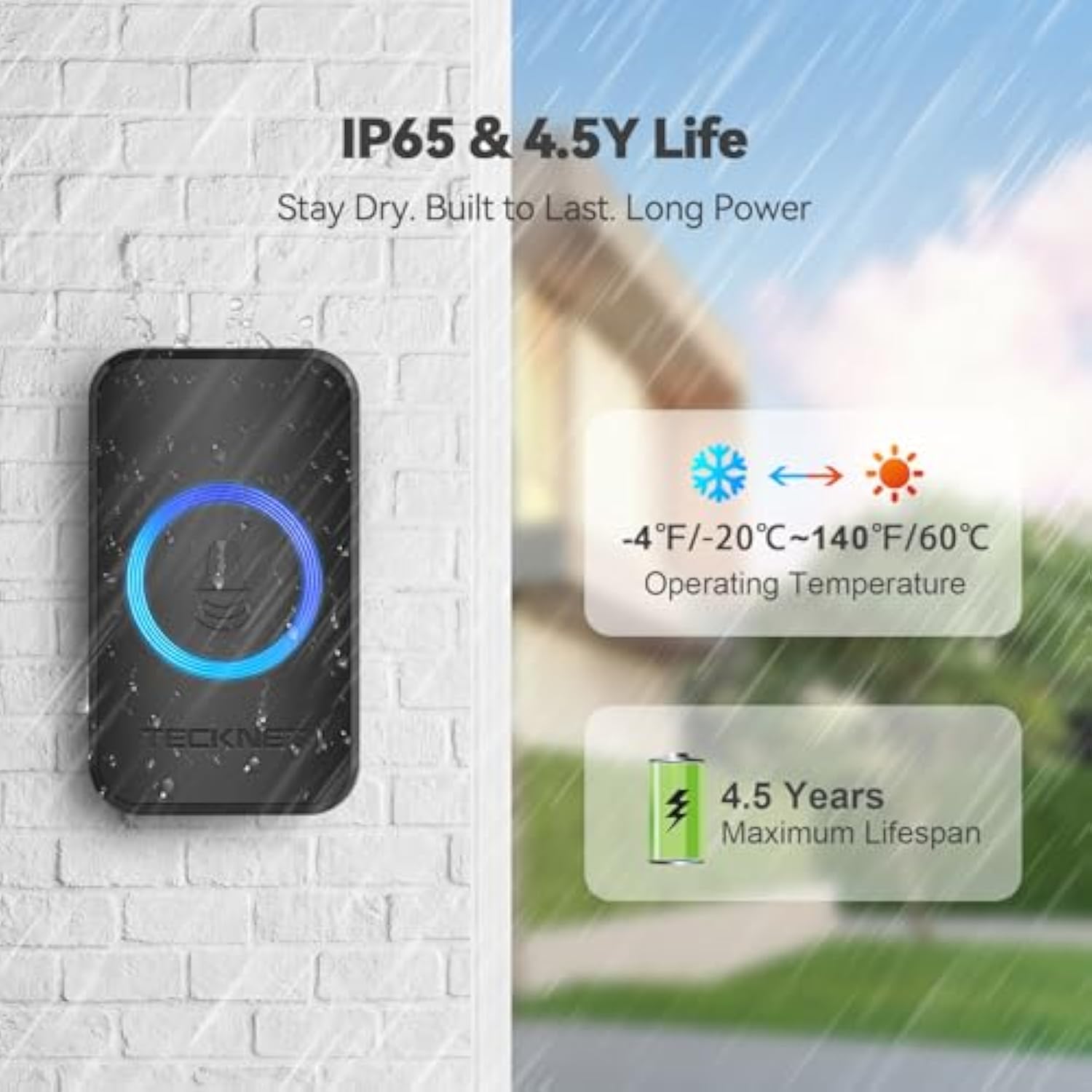 TECKNET Wireless Doorbell with 2 Receivers, 1300ft Long Range IP65 Waterproof Door Bells Wireless Cordless