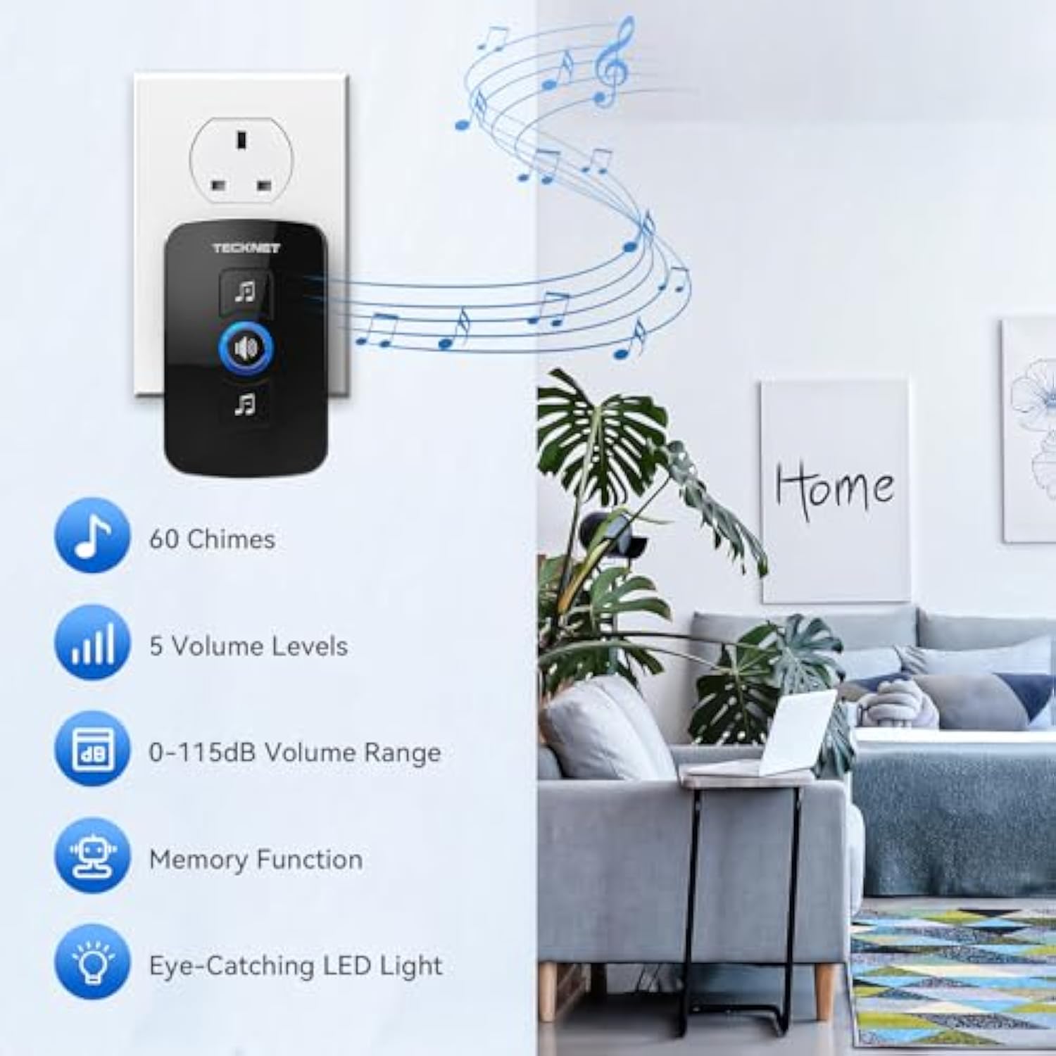 TECKNET Wireless Doorbell, IP65 Waterproof Wall Plug-in Door Bells Wireless Cordless Chime Kit