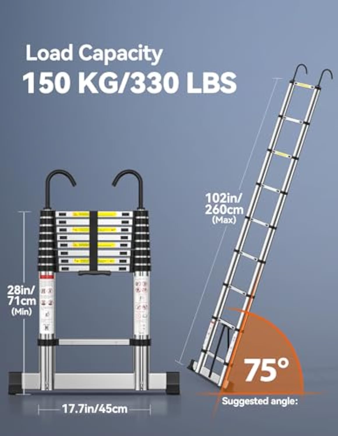 TECKNET Telescopic Ladder 2.6M/8.5FT, Max Load 150kg/330lbs, Aluminium Extension Ladder with Stabilizer Bar & Detachable Hooks
