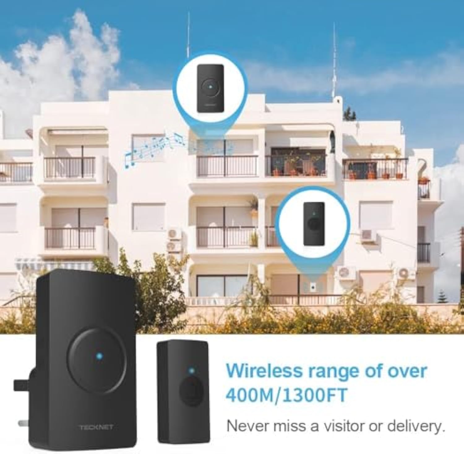 TECKNET Wireless Doorbell, Plug in Door Bells Cordless IP65 Waterproof Door Chime