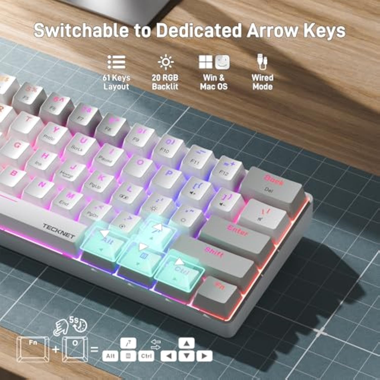 TECKNET 60% Mechanical Gaming Keyboard-RGB Backlit,Ultra Compact Mini 61 Keys