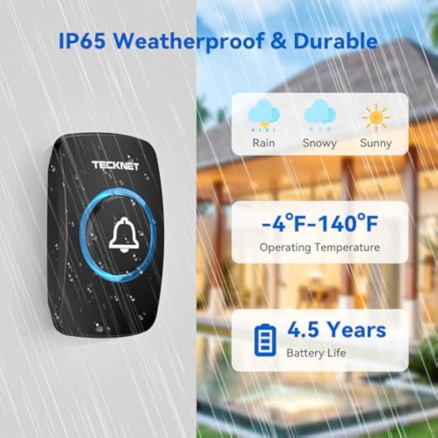 TECKNET Wireless Doorbell, IP65 Waterproof Wall Plug-in Door Bells Wireless Cordless Chime Kit