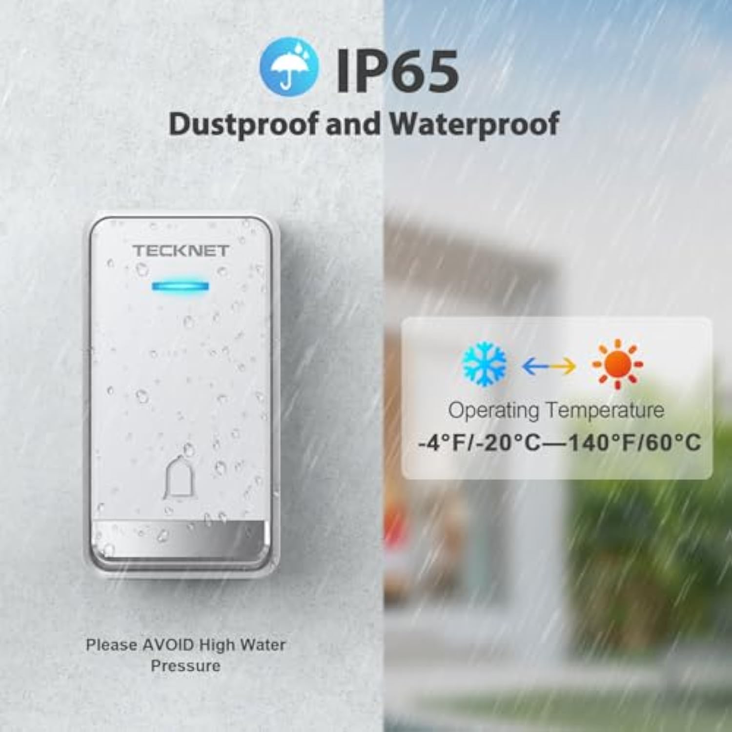 TECKNET Self-Powered Doorbell with 3 Receivers, IP65 Waterproof 1300ft Wireless Doorbell with 60 Chimes