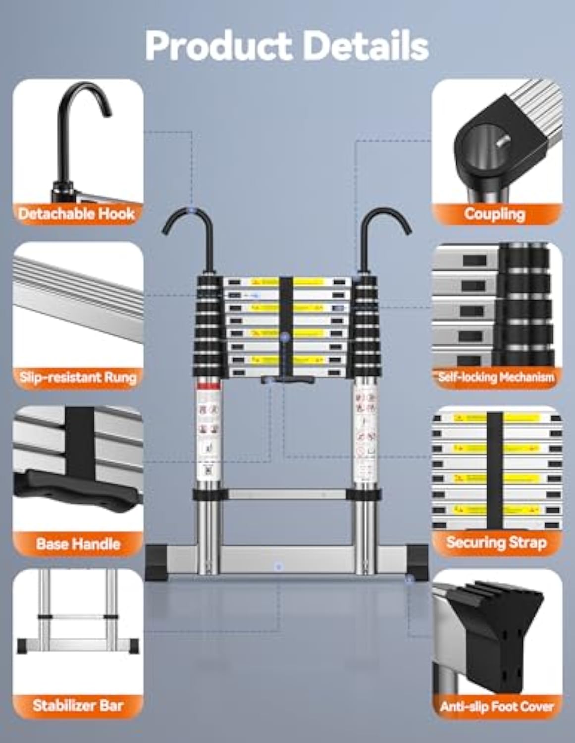 TECKNET Telescopic Ladder 2.6M/8.5FT, Max Load 150kg/330lbs, Aluminium Extension Ladder with Stabilizer Bar & Detachable Hooks