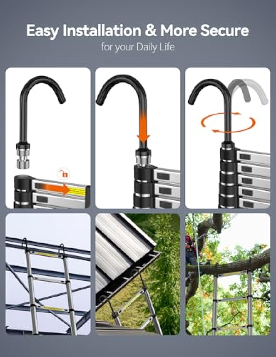 TECKNET Telescopic Ladder 2.6M/8.5FT, Max Load 150kg/330lbs, Aluminium Extension Ladder with Stabilizer Bar & Detachable Hooks