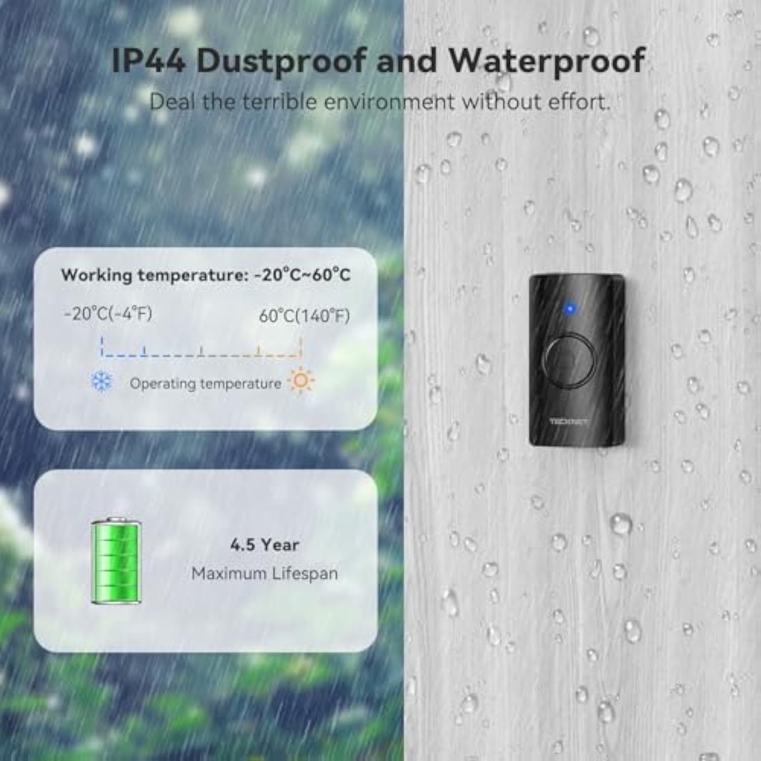 TECKNET Wireless Doorbell, Waterproof Doorbell Battery-operated Cordless Door Chime Kit with 400M Wireless Range