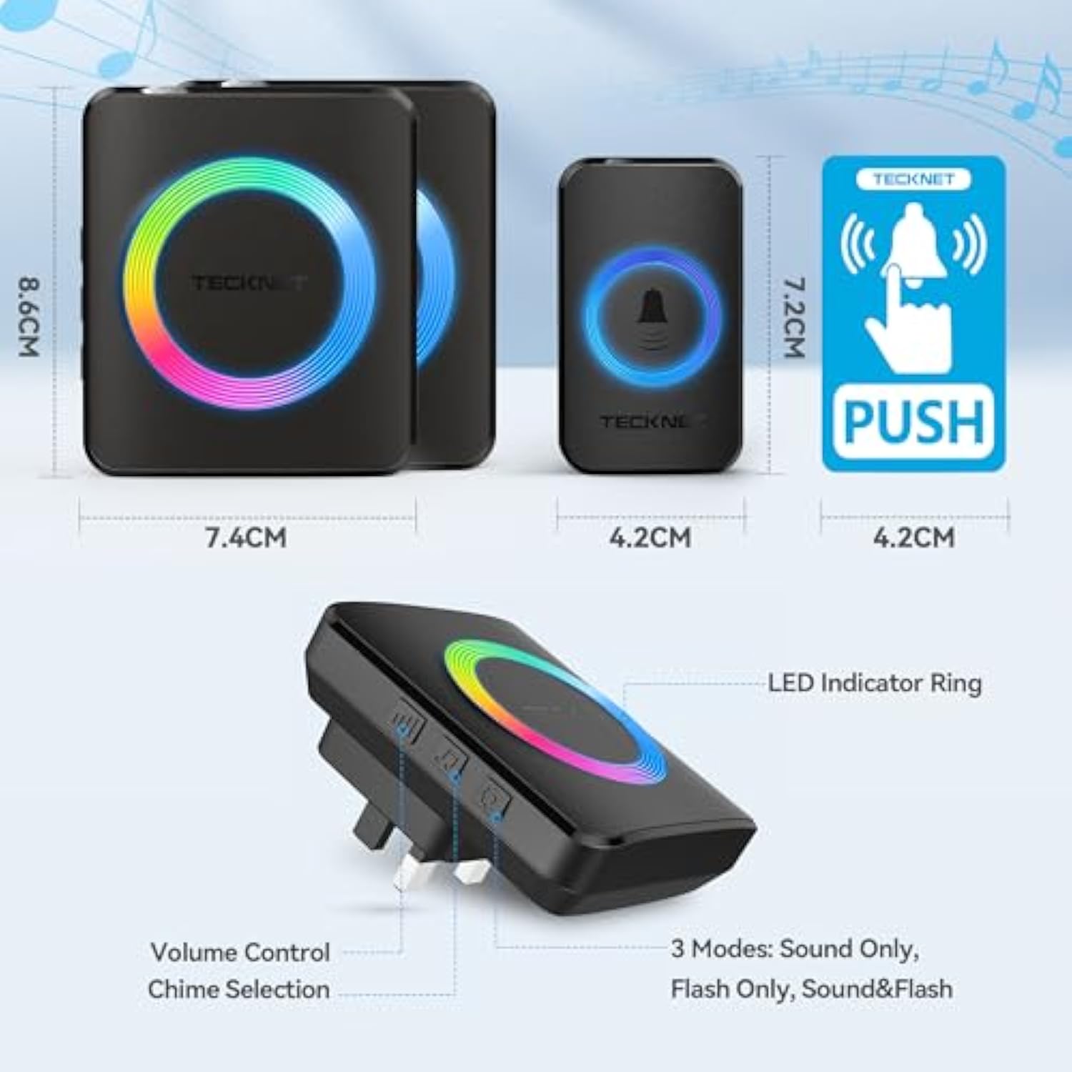 TECKNET Wireless Doorbell with 2 Receivers, 1300ft Long Range IP65 Waterproof Door Bells Wireless Cordless